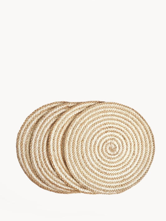 Brown and cream spiral placemats made from jute. 