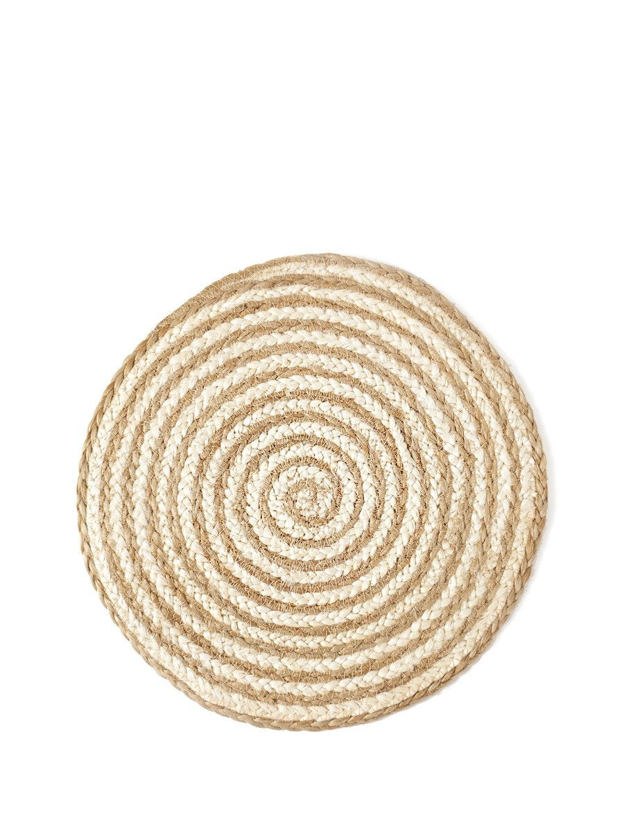 Brown and cream spiral placemat made from jute. 