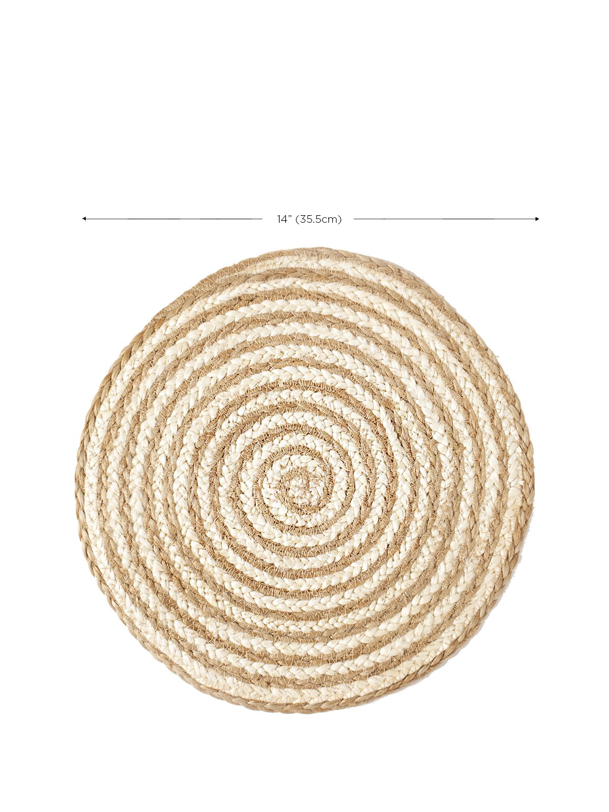 Brown and cream spiral placemat made from jute. Showing 14" dimension. 