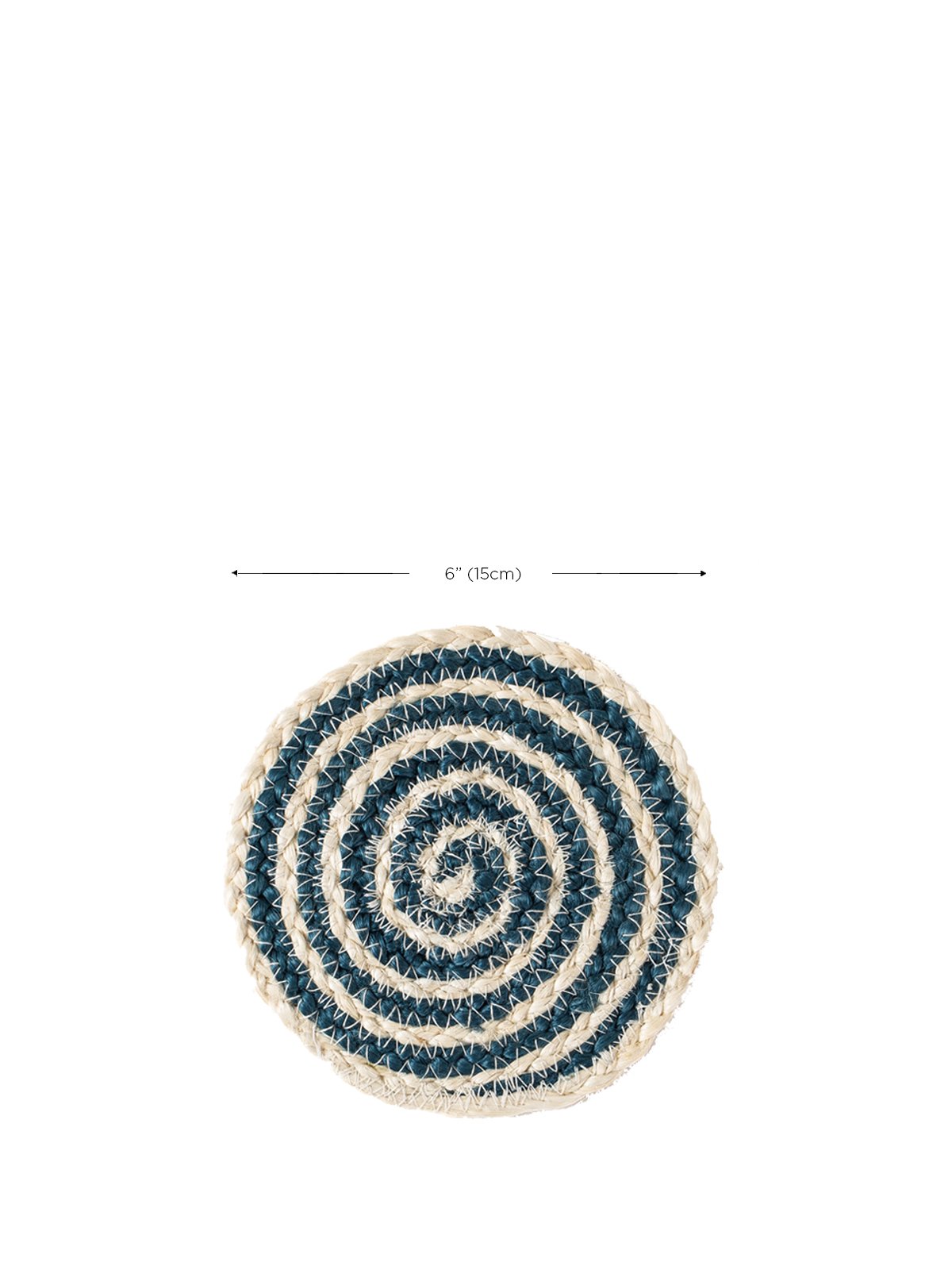 spiral jute coaster set in blue with dimensions 