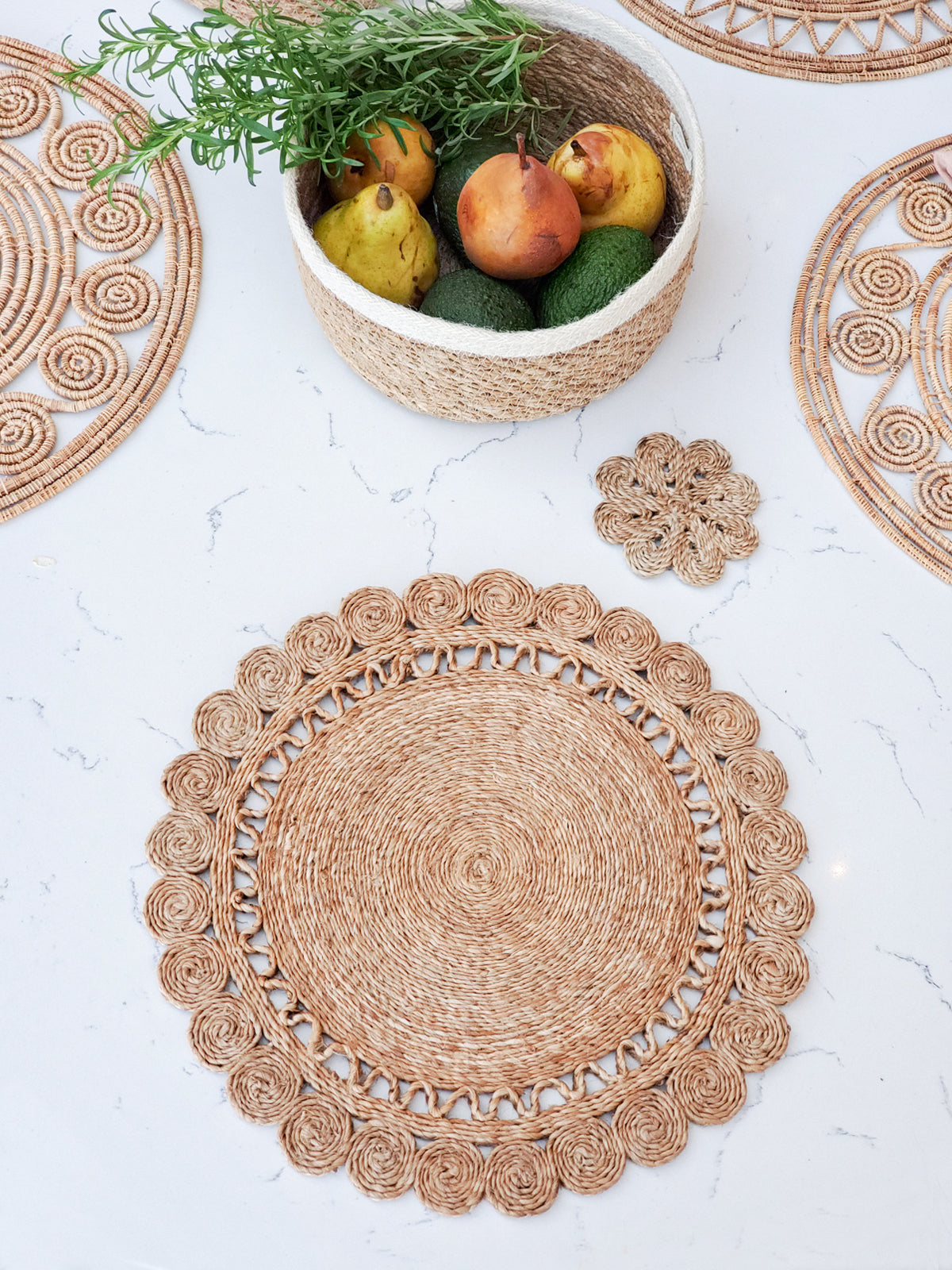flower placemats made of jute styled with fruit bowl