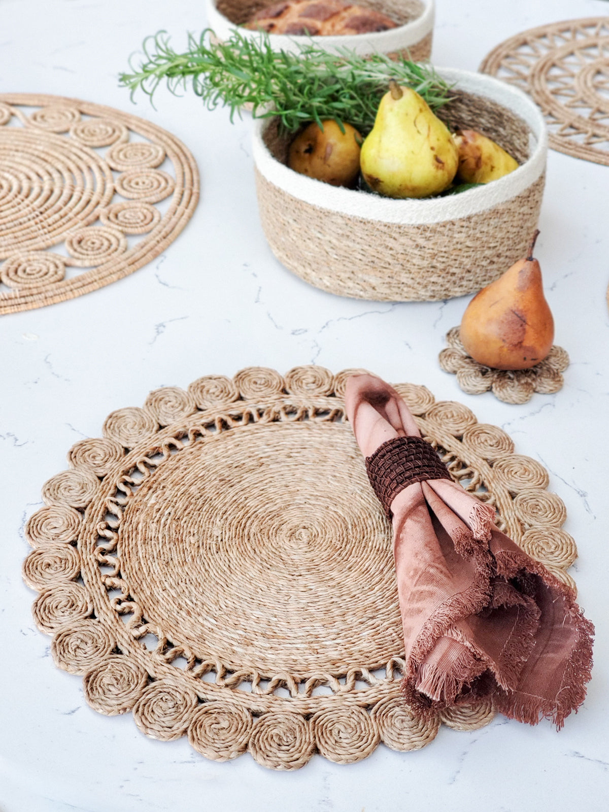 flower placemats made of jute styled with fruit bowl and napkin